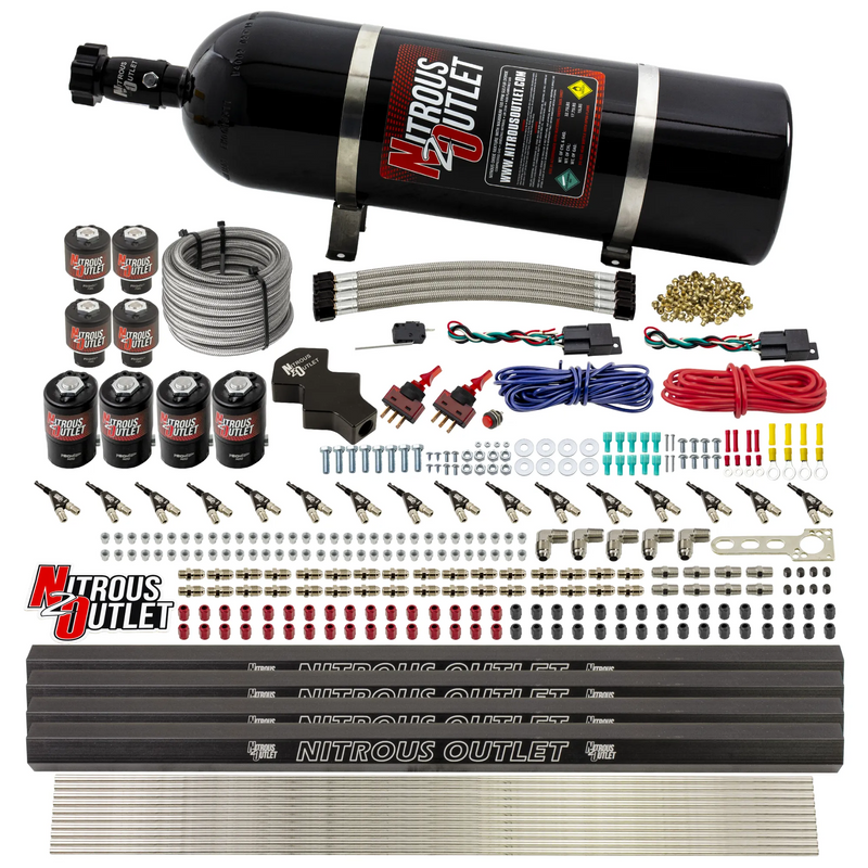Nitrous Outlet 8 Cylinder Dual Stage Direct Port System - Four .112 Nitrous Solenoids/Four .177 Fuel Solenoids/Four Dual Passage Injection Rails/90 Degree Discharge Nozzles (E85)(45-55 psi)(100-400HP)(15lb Bottle)