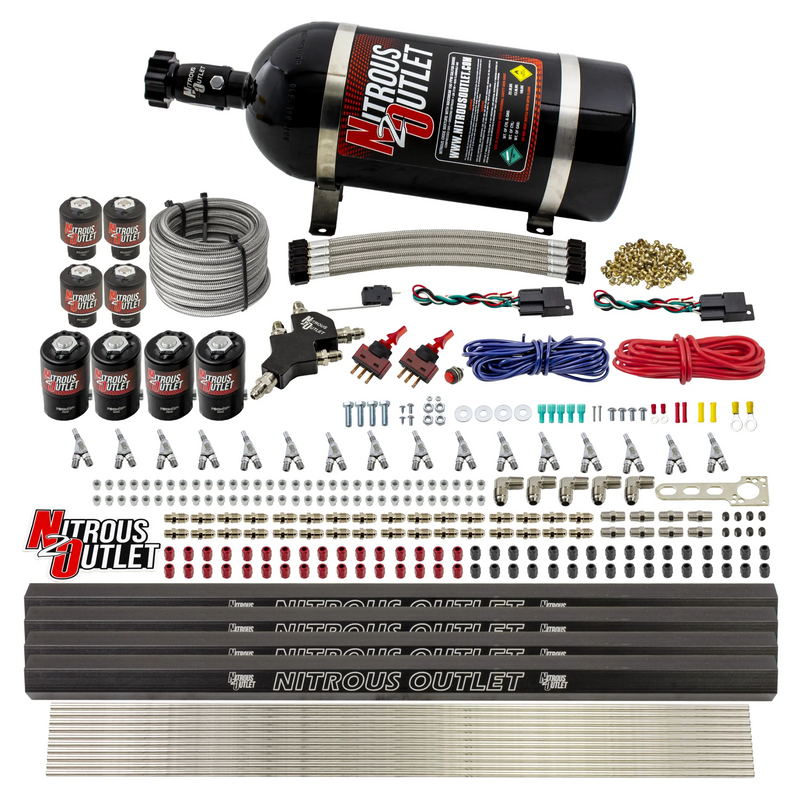 Nitrous Outlet 8 Cylinder Dual Stage Direct Port System - Four .112 Nitrous Solenoids/Four .177 Fuel Solenoids/Four Dual Passage Injection Rails/Annular Discharge Nozzles (E85)(45-55 psi)(100-400HP)(10lb Bottle)