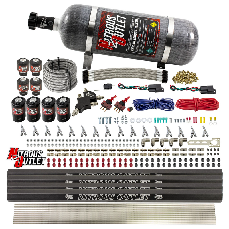 Nitrous Outlet 8 Cylinder Dual Stage Direct Port System - Four .112 Nitrous Solenoids/Four .177 Fuel Solenoids/Four Dual Passage Injection Rails/Annular Discharge Nozzles (E85)(45-55 psi)(100-400HP)(12lb Bottle)