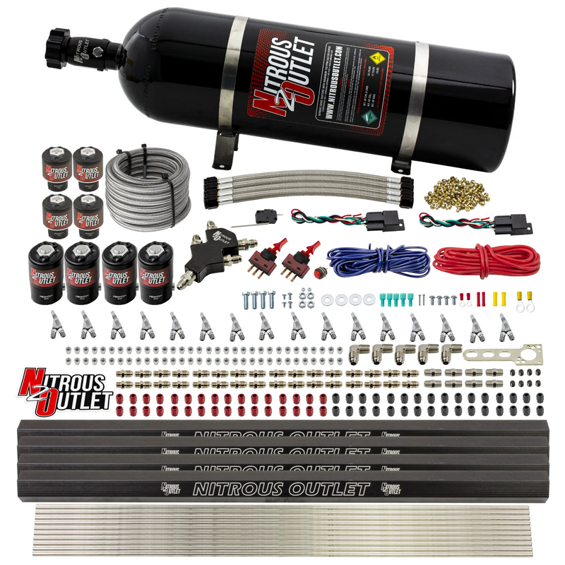 Nitrous Outlet 8 Cylinder Dual Stage Direct Port System - Four .112 Nitrous Solenoids/Four .177 Fuel Solenoids/Four Dual Passage Injection Rails/Annular Discharge Nozzles (E85)(45-55 psi)(100-400HP)(15lb Bottle)