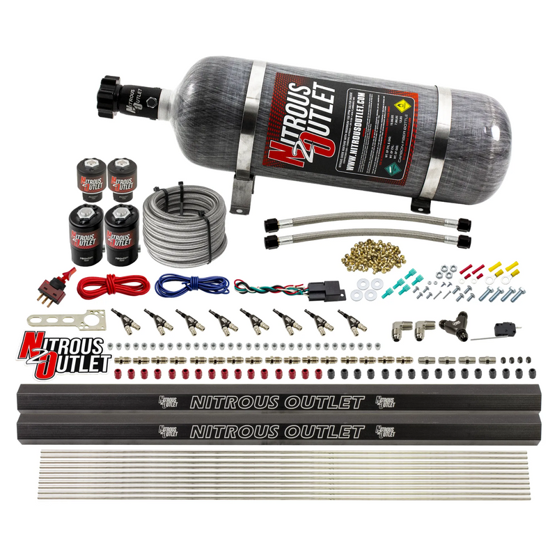 Nitrous Outlet 8 Cylinder Direct Port System - Two .122 Nitrous Solenoids/Two .177 Fuel Solenoids/Two Dual Passage Injection Rails/90 Degree Discharge Nozzles (Gas)(45-55 psi)(100-400HP)(12lb Bottle)