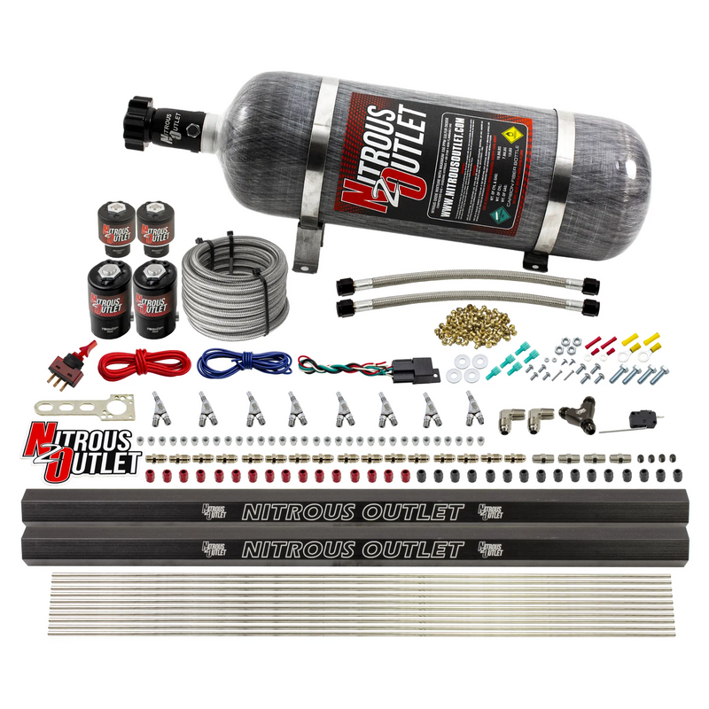Nitrous Outlet 8 Cylinder Direct Port System - Two .122 Nitrous Solenoids/Two .177 Fuel Solenoids/Two Dual Passage Injection Rails/Annular Discharge Nozzles (Gas)(45-55 psi)(100-400HP)(12lb Bottle)