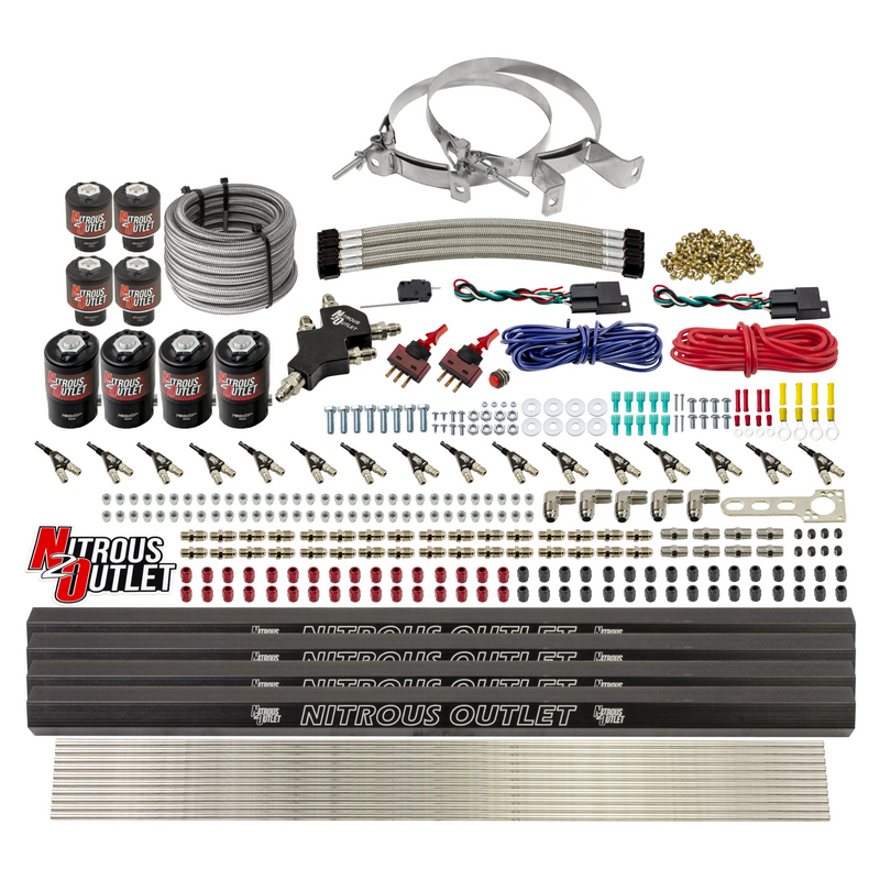 Nitrous Outlet 8 Cylinder Dual Stage Direct Port System - Four .112 Nitrous Solenoids/Four .177 Fuel Solenoids/Four Dual Passage Injection Rails/90 Degree Discharge Nozzles (Gas)(45-55 psi)(100-400HP)(No Bottle)