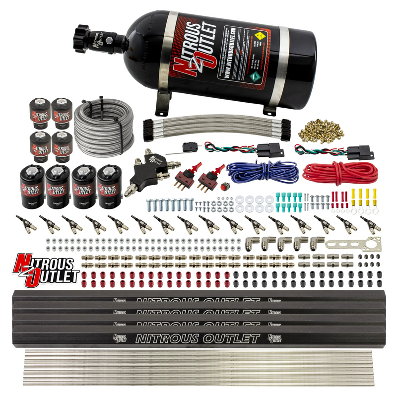 Nitrous Outlet 8 Cylinder Dual Stage Direct Port System - Four .112 Nitrous Solenoids/Four .177 Fuel Solenoids/Four Dual Passage Injection Rails/90 Degree Discharge Nozzles (Gas)(45-55 psi)(100-400HP)(10lb Bottle)