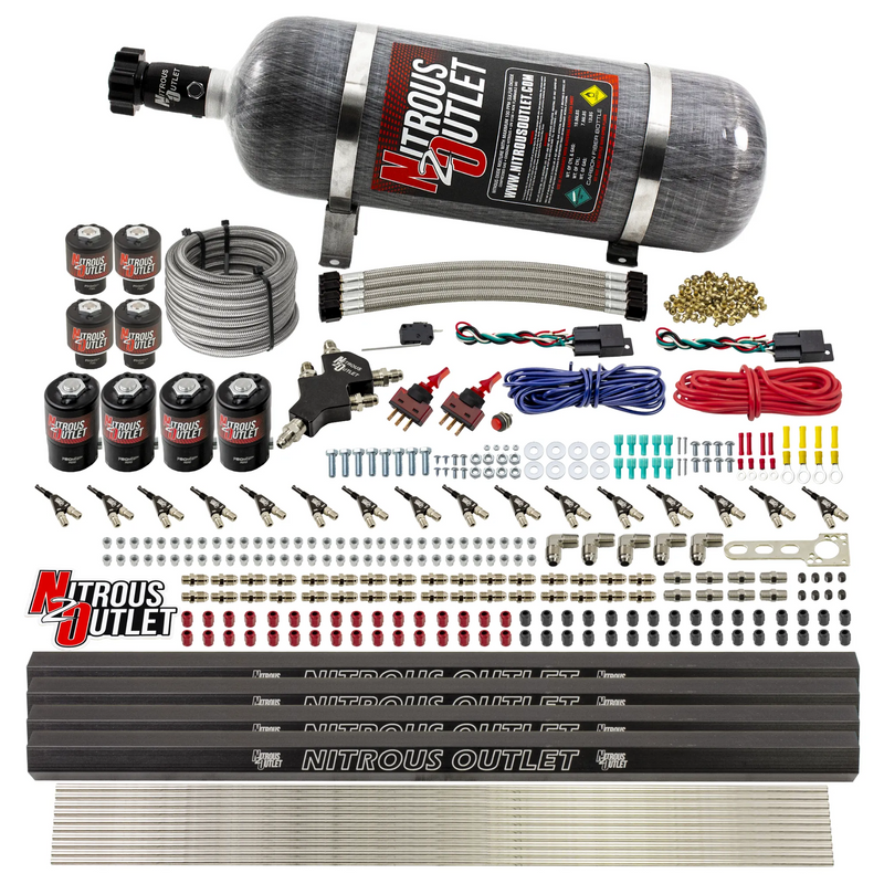 Nitrous Outlet 8 Cylinder Dual Stage Direct Port System - Four .112 Nitrous Solenoids/Four .177 Fuel Solenoids/Four Dual Passage Injection Rails/90 Degree Discharge Nozzles (Gas)(45-55 psi)(100-400HP)(12lb Bottle)