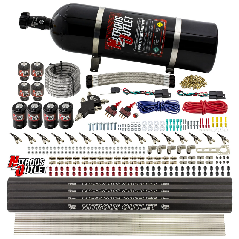 Nitrous Outlet 8 Cylinder Dual Stage Direct Port System - Four .112 Nitrous Solenoids/Four .177 Fuel Solenoids/Four Dual Passage Injection Rails/90 Degree Discharge Nozzles (Gas)(45-55 psi)(100-400HP)(15lb Bottle)