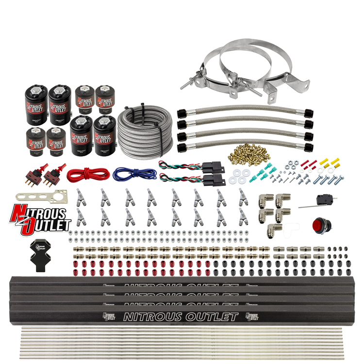 Nitrous Outlet 8 Cylinder Dual Stage Direct Port System - Four .112 Nitrous Solenoids/Four .177 Fuel Solenoids/Four Dual Passage Injection Rails/Annular Discharge Nozzles (Gas)(45-55 psi)(100-400HP)(No Bottle)