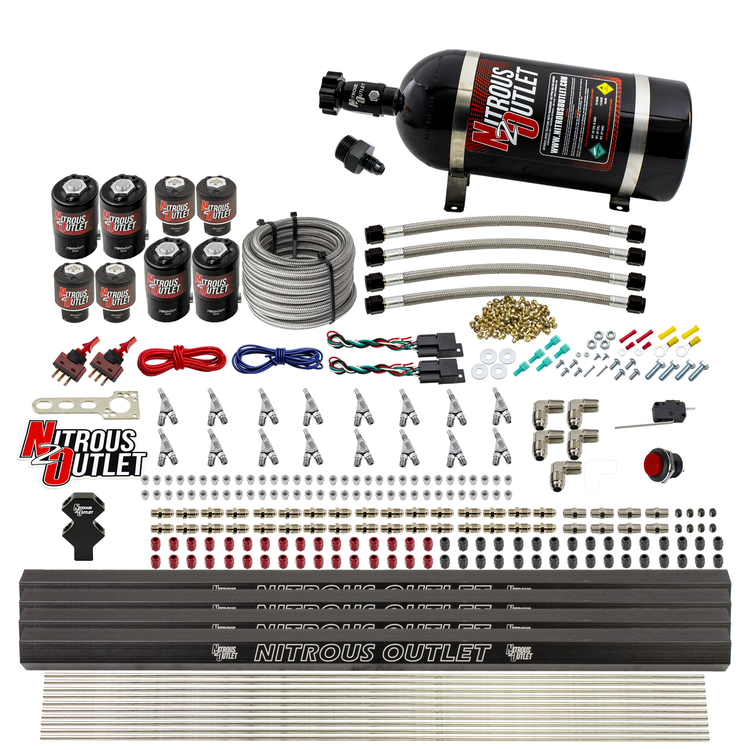 Nitrous Outlet 8 Cylinder Dual Stage Direct Port System - Four .112 Nitrous Solenoids/Four .177 Fuel Solenoids/Four Dual Passage Injection Rails/Annular Discharge Nozzles (Gas)(45-55 psi)(100-400HP)(10lb Bottle)