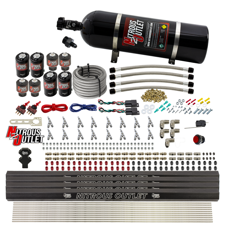 Nitrous Outlet 8 Cylinder Dual Stage Direct Port System - Four .112 Nitrous Solenoids/Four .177 Fuel Solenoids/Four Dual Passage Injection Rails/Annular Discharge Nozzles (Gas)(45-55 psi)(100-400HP)(15lb Bottle)