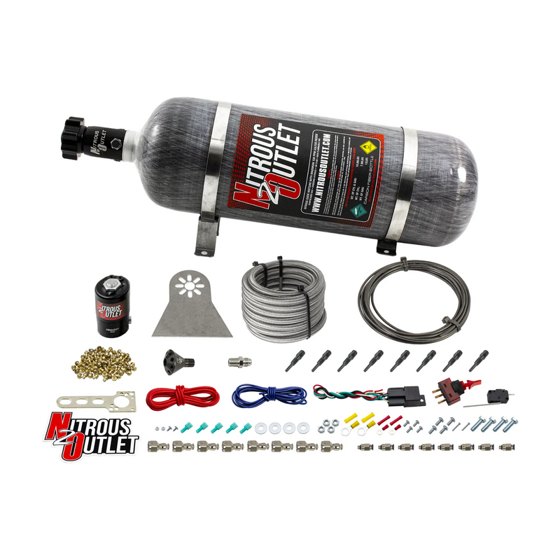 Nitrous Outlet Dry 8 Cylinder Direct Port System - .122 Nitrous Solenoids/Nylon Hose/Showerhead Distribution Blocks/90 Degree Discharge Nozzles (100-500HP)(12lb Bottle)