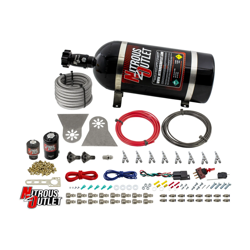 Nitrous Outlet 8 Cylinder Direct Port System - .122 Nitrous Solenoids/.177 Fuel Solenoids/Nylon Hose/Showerhead Distribution Blocks/Annular Discharge Nozzles (Gas)(5-7-10 psi)(100-500HP)(10lb Bottle)