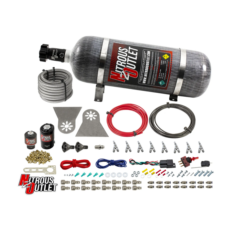 Nitrous Outlet 8 Cylinder Direct Port System - .122 Nitrous Solenoids/.177 Fuel Solenoids/Nylon Hose/Showerhead Distribution Blocks/Annular Discharge Nozzles (Gas)(5-7-10 psi)(100-500HP)(12lb Bottle)