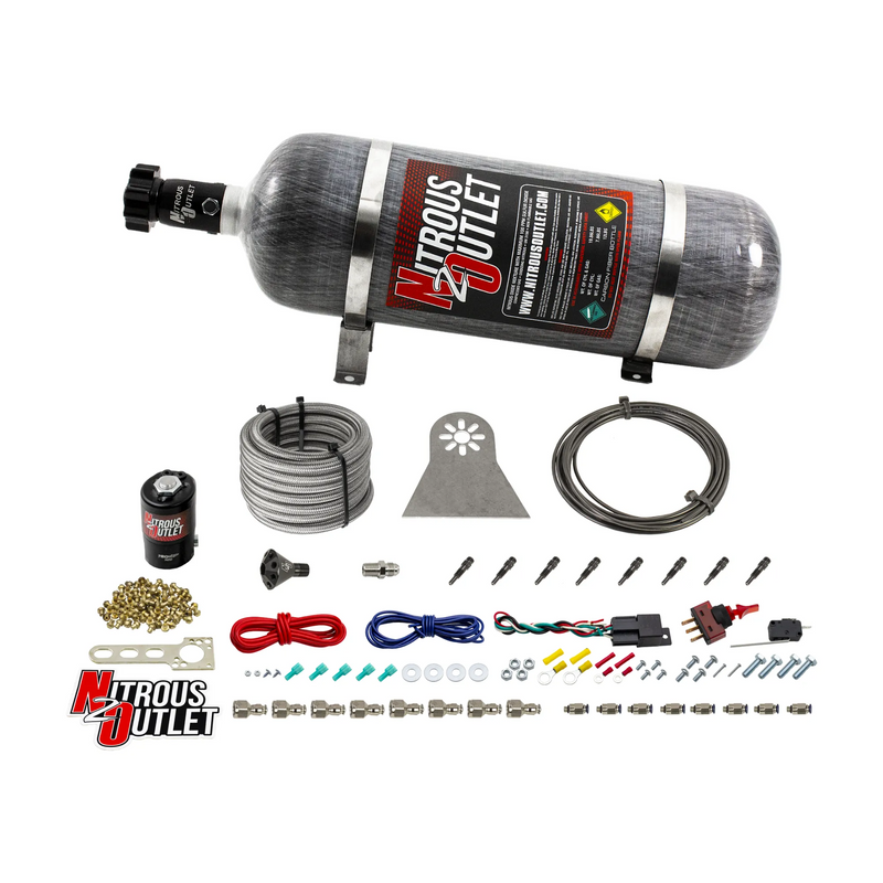 Nitrous Outlet Dry 8 Cylinder Direct Port System - .122 Nitrous Solenoids/Nylon Hose/Showerhead Distribution Blocks/Straight Discharge Nozzles (100-500HP)(12lb Bottle)