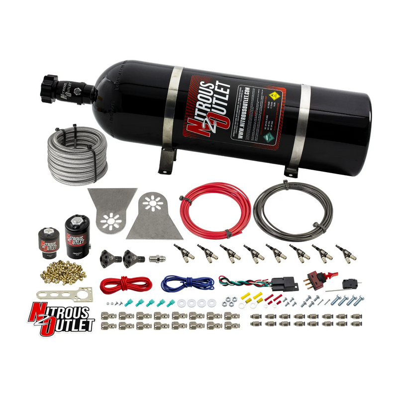 Nitrous Outlet 8 Cylinder Direct Port System - .112 Nitrous Solenoids/.177 Fuel Solenoids/Nylon Hose/Showerhead Distribution Blocks/90 Degree Discharge Nozzles (Gas)(5-7-10 psi)(100-400HP)(15lb Bottle)