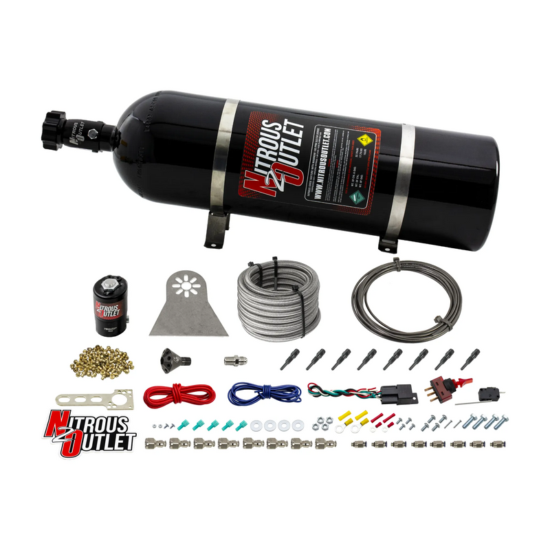 Nitrous Outlet Dry 8 Cylinder Direct Port System - .112 Nitrous Solenoids/Nylon Hose/Showerhead Distribution Blocks/90 Degree Discharge Nozzles (100-400HP)(15lb Bottle)