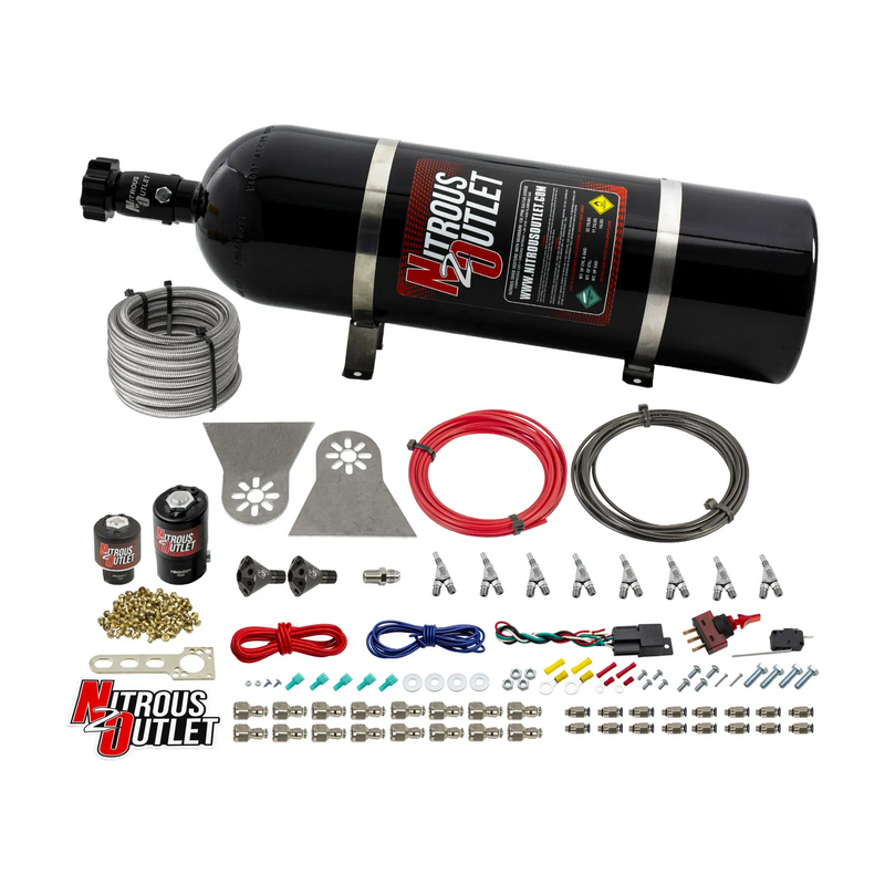 Nitrous Outlet 8 Cylinder Direct Port System - .112 Nitrous Solenoids/.177 Fuel Solenoids/Nylon Hose/Showerhead Distribution Blocks/Annular Discharge Nozzles (Gas)(5-7-10 psi)(100-400HP)(15lb Bottle)