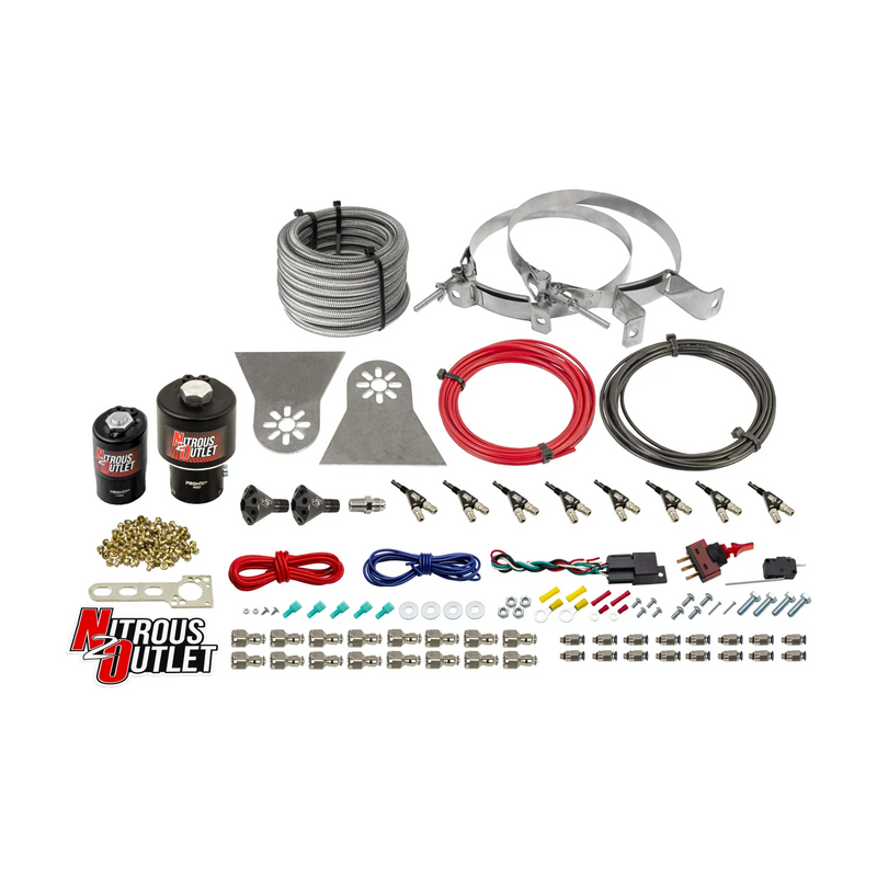 Nitrous Outlet 8 Cylinder Direct Port System - .178 Trashcan Nitrous Solenoids/.310 Fuel Solenoids/Nylon Hose/Showerhead Distribution Blocks/90 Degree Discharge Nozzles (Gas)(5-7-10 psi)(100-600HP)(No Bottle)