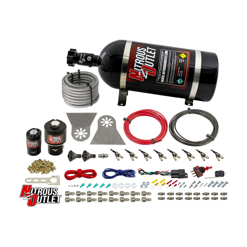 Nitrous Outlet 8 Cylinder Direct Port System - .178 Trashcan Nitrous Solenoids/.310 Fuel Solenoids/Nylon Hose/Showerhead Distribution Blocks/90 Degree Discharge Nozzles (Gas)(5-7-10 psi)(100-600HP)(10lb Bottle)