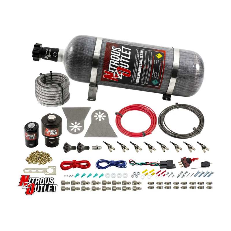 Nitrous Outlet 8 Cylinder Direct Port System - .178 Trashcan Nitrous Solenoids/.310 Fuel Solenoids/Nylon Hose/Showerhead Distribution Blocks/90 Degree Discharge Nozzles (Gas)(5-7-10 psi)(100-600HP)(12lb Bottle)