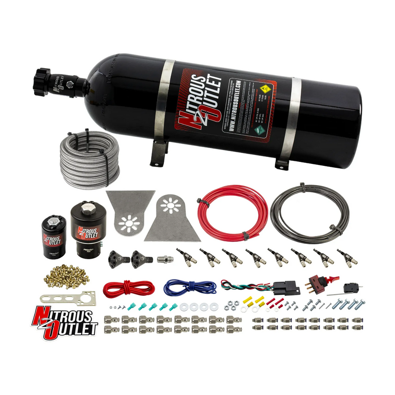 Nitrous Outlet 8 Cylinder Direct Port System - .178 Trashcan Nitrous Solenoids/.310 Fuel Solenoids/Nylon Hose/Showerhead Distribution Blocks/90 Degree Discharge Nozzles (Gas)(5-7-10 psi)(100-600HP)(15lb Bottle)