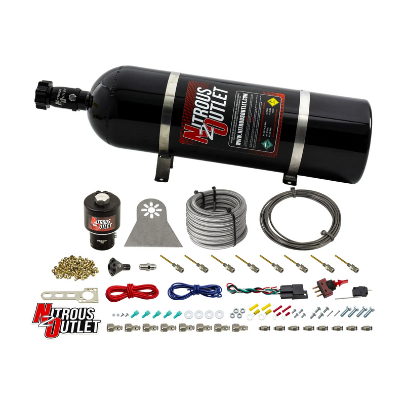 Nitrous Outlet Dry 8 Cylinder Direct Port System - .178 Trashcan Nitrous Solenoids/Nylon Hose/Showerhead Distribution Blocks/Plate Fittings (100-600HP)(15lb Bottle)