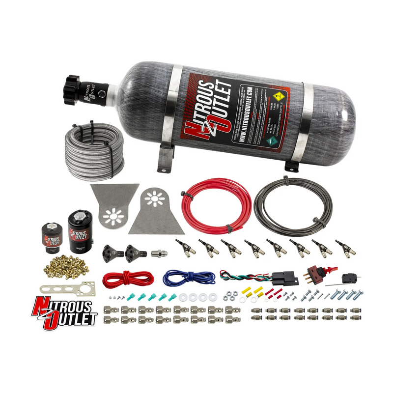 Nitrous Outlet 8 Cylinder Direct Port System - .112 Nitrous Solenoids/.177 Fuel Solenoids/Nylon Hose/Showerhead Distribution Blocks/90 Degree Discharge Nozzles (Gas)(45-55 psi)(100-400HP)(12lb Bottle)