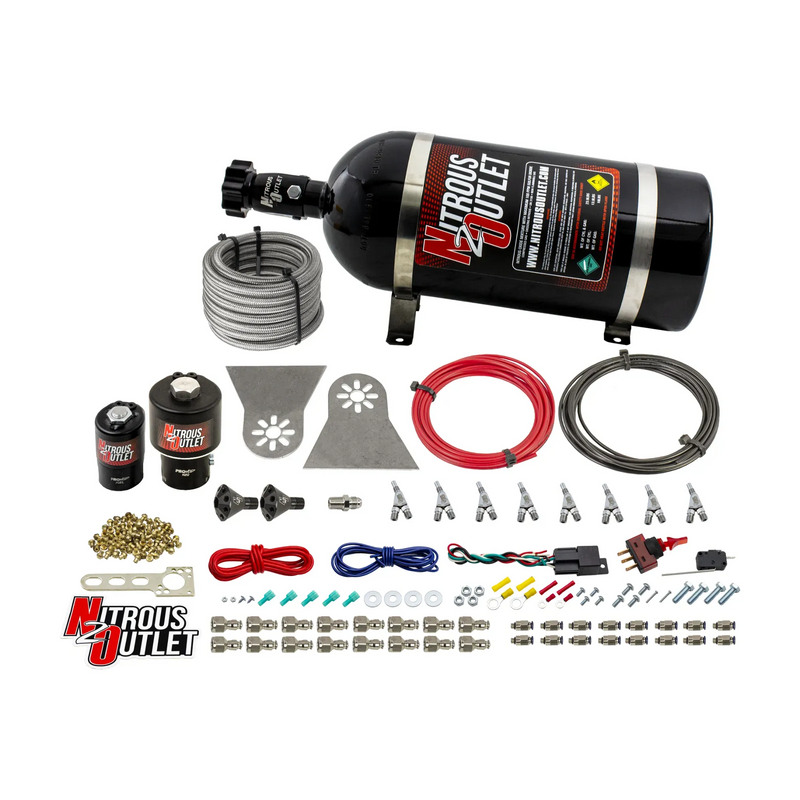 Nitrous Outlet 8 Cylinder Direct Port System - .178 Trashcan Nitrous Solenoids/.310 Fuel Solenoids/Nylon Hose/Showerhead Distribution Blocks/Annular Discharge Nozzles (Gas)(45-55 psi)(100-600HP)(10lb Bottle)