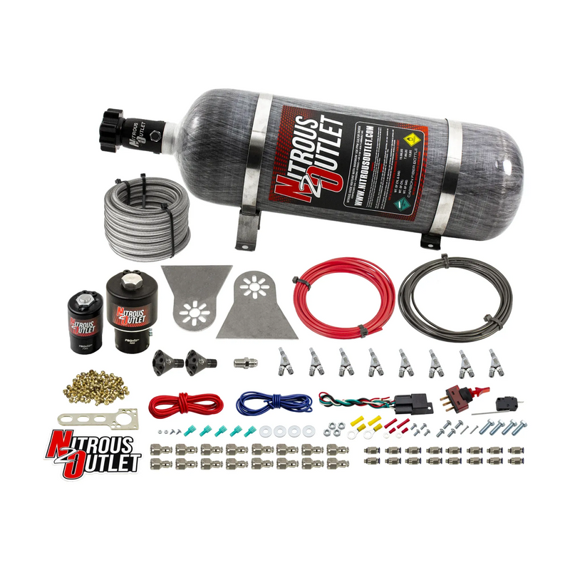 Nitrous Outlet 8 Cylinder Direct Port System - .178 Trashcan Nitrous Solenoids/.310 Fuel Solenoids/Nylon Hose/Showerhead Distribution Blocks/Annular Discharge Nozzles (Gas)(45-55 psi)(100-600HP)(12lb Bottle)