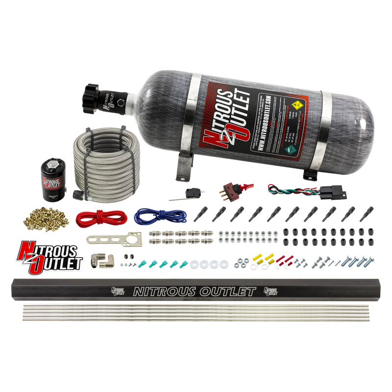 Nitrous Outlet Dry 10 Cylinder Direct Port System - .122 Nitrous Solenoid/Injection Rail/90 Degree Discharge Nozzles (125-375HP)(12lb Bottle)