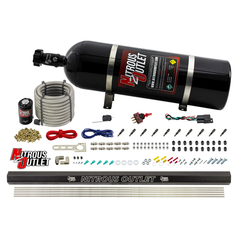 Nitrous Outlet Dry 10 Cylinder Direct Port System - .122 Nitrous Solenoid/Injection Rail/SBT  Discharge Nozzles (125-375HP)(15lb Bottle)