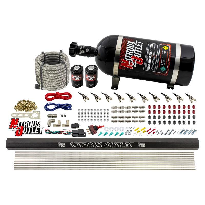 Nitrous Outlet 10 Cylinder Direct Port System - .122 Nitrous Solenoid/.310 Fuel Solenoid/Dual Passage Injection Rail/90 Degree Discharge Nozzles (Alcohol)(5-7-10 psi)(125-375HP)(10lb Bottle)