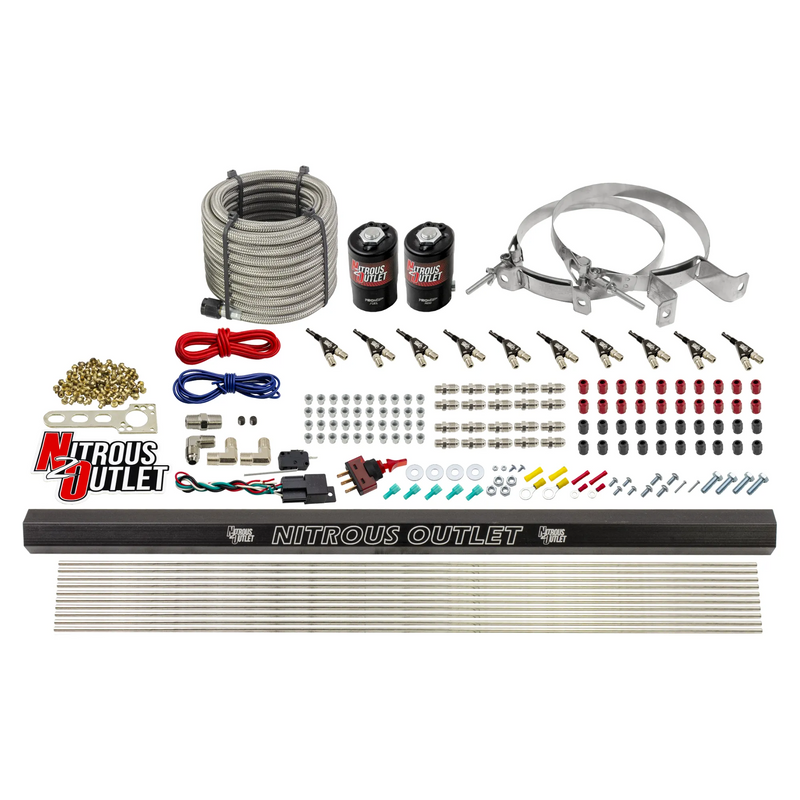 Nitrous Outlet 10 Cylinder Direct Port System - .122 Nitrous Solenoid/.310 Fuel Solenoid/Dual Passage Injection Rail/90 Degree Discharge Nozzles (E85)(5-7-10 psi)(125-375HP)(No Bottle)