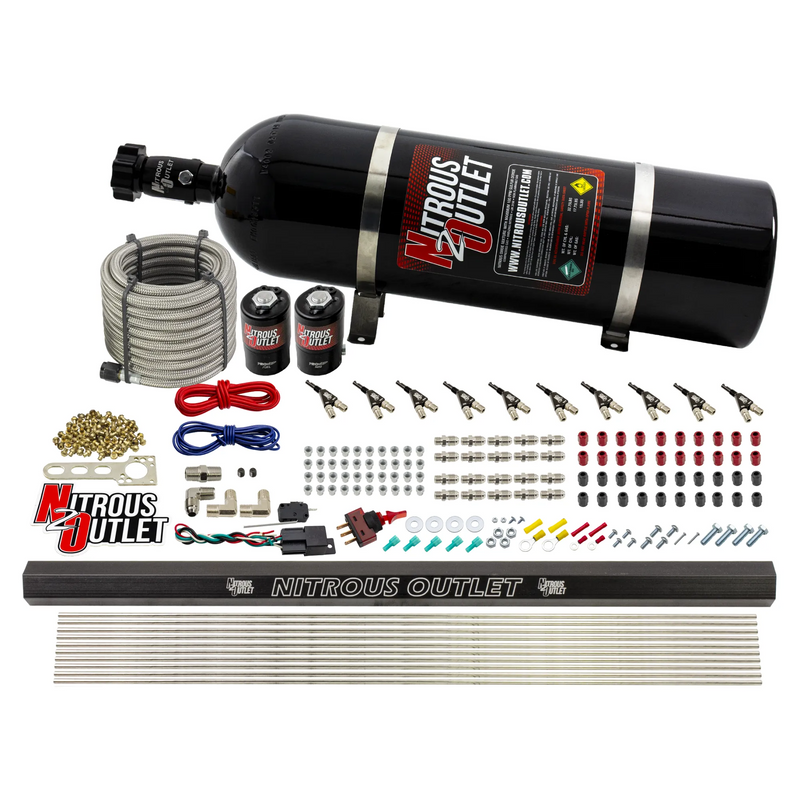 Nitrous Outlet 10 Cylinder Direct Port System - .122 Nitrous Solenoid/.310 Fuel Solenoid/Dual Passage Injection Rail/90 Degree Discharge Nozzles (E85)(5-7-10 psi)(125-375HP)(15lb Bottle)