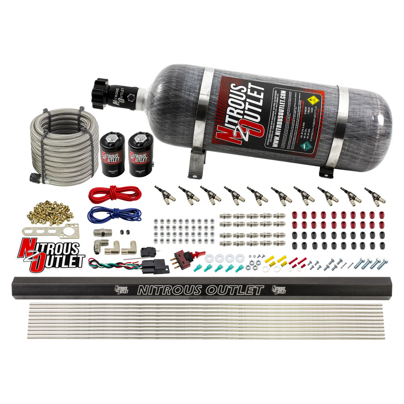 Nitrous Outlet 10 Cylinder Direct Port System - .122 Nitrous Solenoid/.310 Fuel Solenoid/Dual Passage Injection Rail/90 Degree Discharge Nozzles (Gas)(5-7-10 psi)(125-375HP)(12lb Bottle)