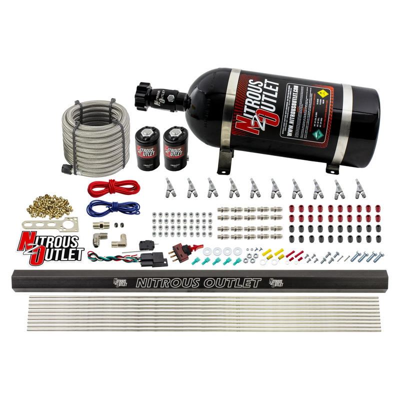 Nitrous Outlet 10 Cylinder Direct Port System - .122 Nitrous Solenoid/.310 Fuel Solenoid/Dual Passage Injection Rail/Annular Discharge Nozzles (Gas)(5-7-10 psi)(125-375HP)(10lb Bottle)