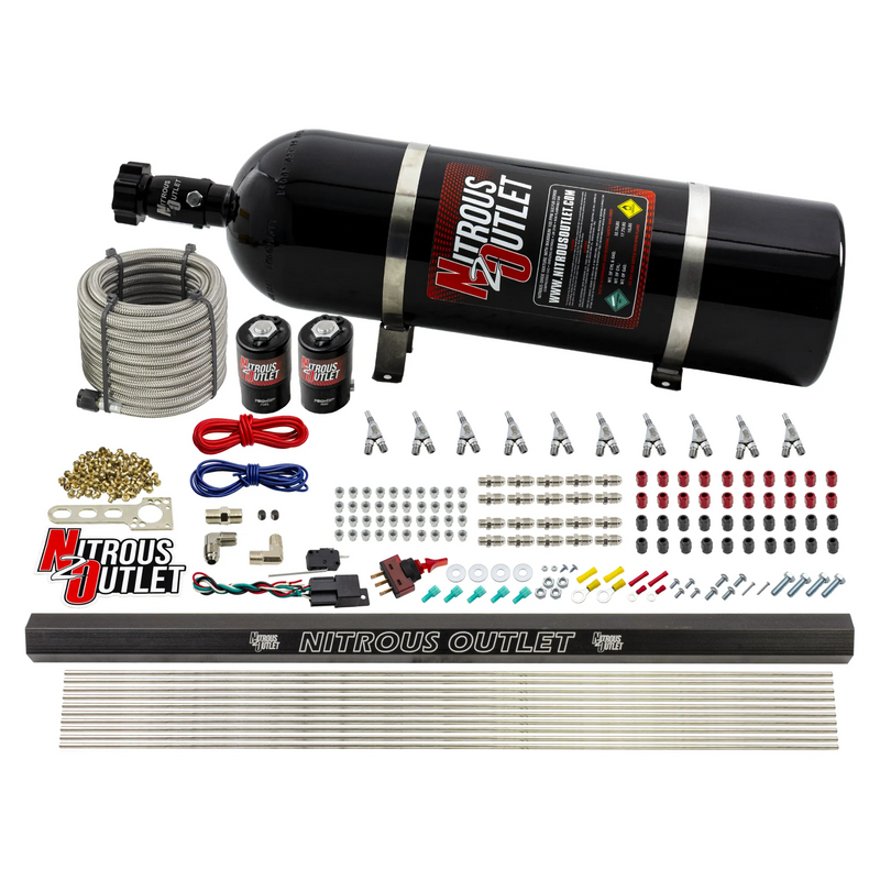 Nitrous Outlet 10 Cylinder Direct Port System - .122 Nitrous Solenoid/.310 Fuel Solenoid/Dual Passage Injection Rail/Annular Discharge Nozzles (Gas)(5-7-10 psi)(125-375HP)(15lb Bottle)