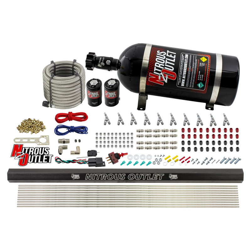 Nitrous Outlet 10 Cylinder Direct Port System - .122 Nitrous Solenoid/.310 Fuel Solenoid/Dual Passage Injection Rail/Annular Discharge Nozzles (E85)(45-55 psi)(125-375HP)(10lb Bottle)