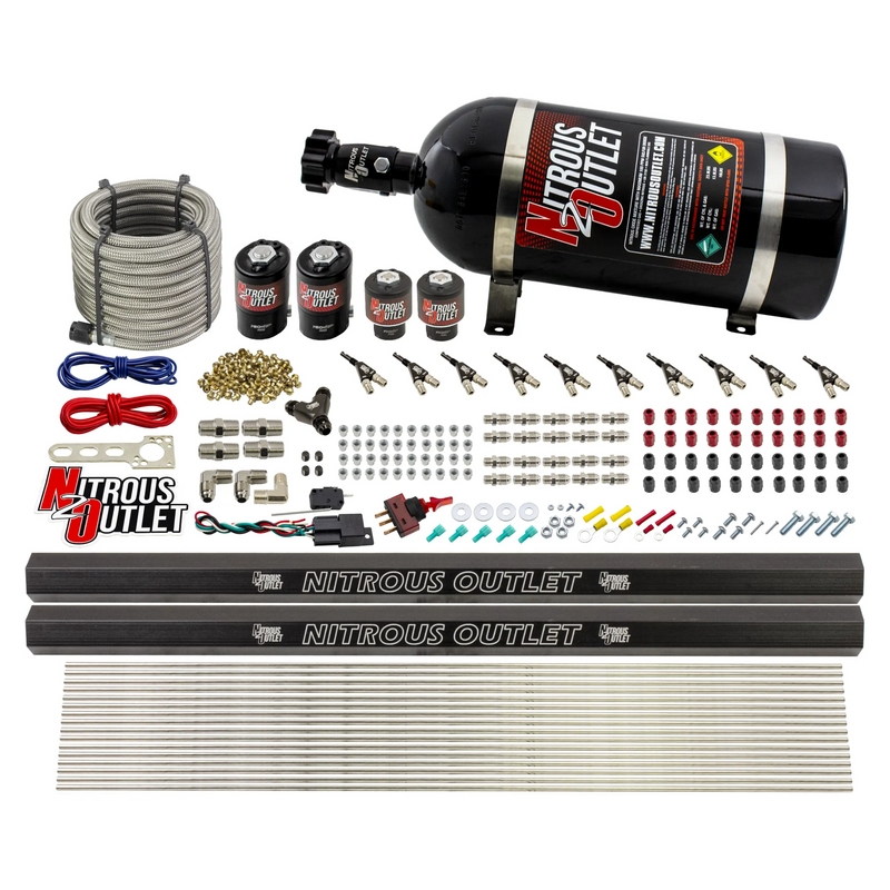 Nitrous Outlet 10 Cylinder Direct Port System - Two .122 Nitrous Solenoid/Two .310 Fuel Solenoid/Two Dual Passage Injection Rail/90 Degree Discharge Nozzles (Alcohol)(5-7-10 psi)(125-375HP)(10lb Bottle)