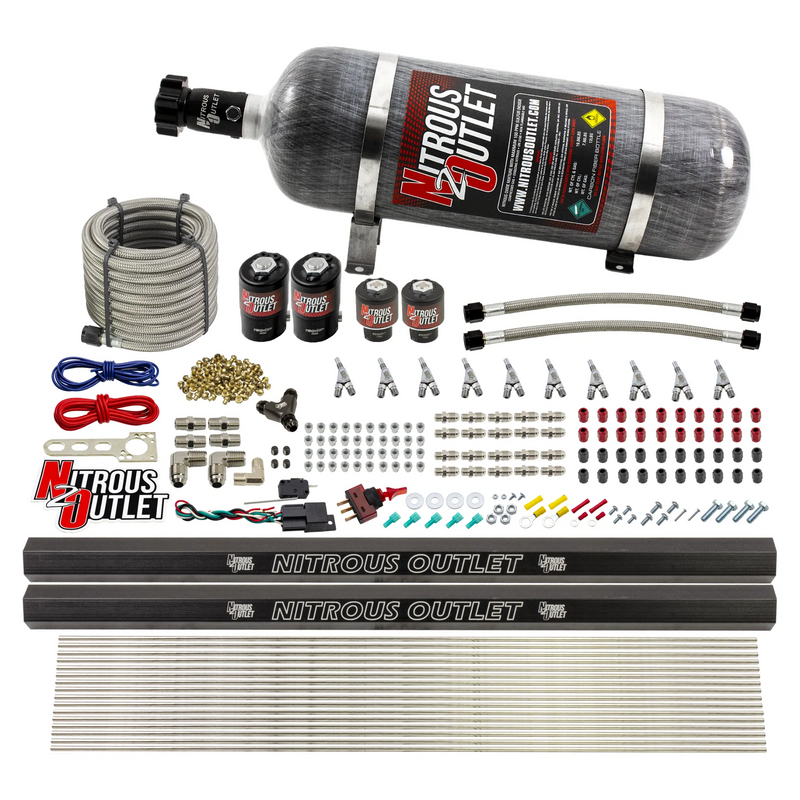 Nitrous Outlet 10 Cylinder Direct Port System - Two .122 Nitrous Solenoid/Two .310 Fuel Solenoid/Two Dual Passage Injection Rail/Annular Discharge Nozzles (E85)(5-7-10 psi)(125-375HP)(12lb Bottle)