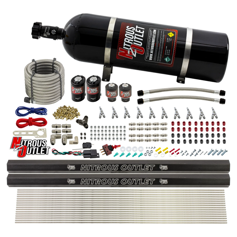 Nitrous Outlet 10 Cylinder Direct Port System - Two .122 Nitrous Solenoid/Two .310 Fuel Solenoid/Two Dual Passage Injection Rail/Annular Discharge Nozzles (E85)(5-7-10 psi)(125-375HP)(15lb Bottle)