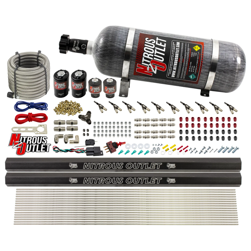 Nitrous Outlet 10 Cylinder Direct Port System - Two .122 Nitrous Solenoid/Two .310 Fuel Solenoid/Two Dual Passage Injection Rail/90 Degree Discharge Nozzles (E85)(5-7-10 psi)(125-375HP)(12lb Bottle)