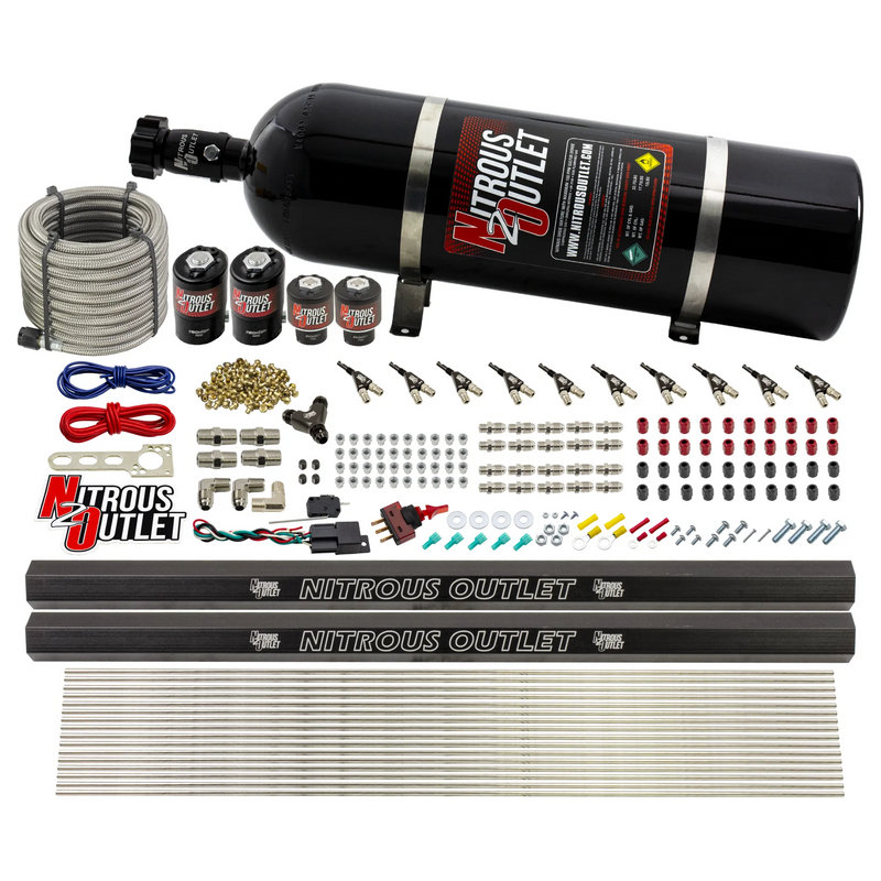 Nitrous Outlet 10 Cylinder Direct Port System - Two .122 Nitrous Solenoid/Two .310 Fuel Solenoid/Two Dual Passage Injection Rail/90 Degree Discharge Nozzles (E85)(5-7-10 psi)(125-375HP)(15lb Bottle)