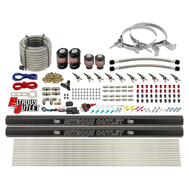 Nitrous Outlet 10 Cylinder Direct Port System - Two .122 Nitrous Solenoid/Two .310 Fuel Solenoid/Two Dual Passage Injection Rail/90 Degree Discharge Nozzles (E85)(45-55 psi)(125-375HP)(No Bottle)