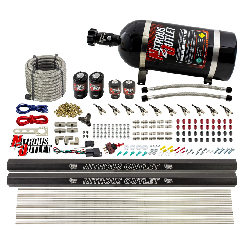 Nitrous Outlet 10 Cylinder Direct Port System - Two .122 Nitrous Solenoid/Two .310 Fuel Solenoid/Two Dual Passage Injection Rail/90 Degree Discharge Nozzles (E85)(45-55 psi)(125-375HP)(10lb Bottle)