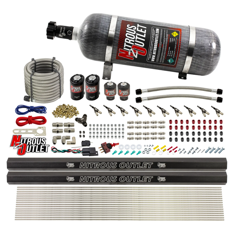 Nitrous Outlet 10 Cylinder Direct Port System - Two .122 Nitrous Solenoid/Two .310 Fuel Solenoid/Two Dual Passage Injection Rail/90 Degree Discharge Nozzles (Gas)(45-55 psi)(125-375HP)(12lb Bottle)