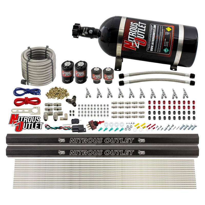 Nitrous Outlet 10 Cylinder Direct Port System - Two .122 Nitrous Solenoid/Two .310 Fuel Solenoid/Two Dual Passage Injection Rail/Annular Discharge Nozzles (Gas)(45-55 psi)(125-375HP)(10lb Bottle)