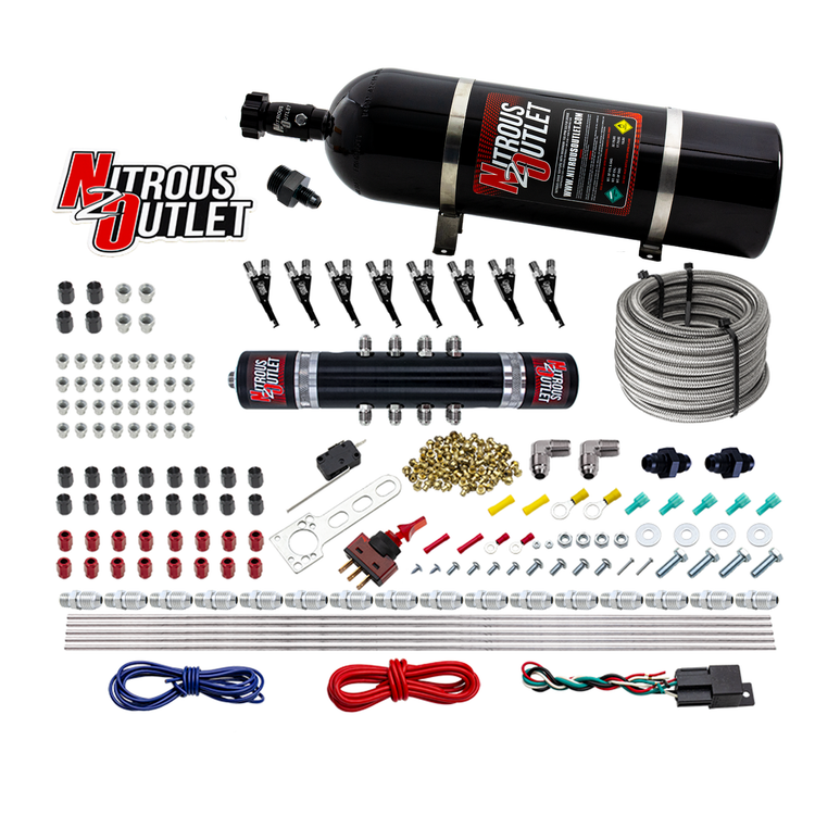 Nitrous Outlet 8 Cylinder 'Black Widow' Direct Port System - .122 Nitrous Solenoid/.310 Fuel Solenoid/Solenoid Distribution Block/90 Degree Discharge Nozzles - E85 (45-55 psi)(100-400 HP)(15lb Bottle)