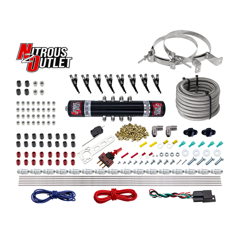 Nitrous Outlet 8 Cylinder 'Black Widow' Direct Port System - .122 Nitrous Solenoid/.310 Fuel Solenoid/Solenoid Distribution Block/90 Degree Discharge Nozzles (Gas)(5-7-10 psi)(100-400 HP)(No Bottle)