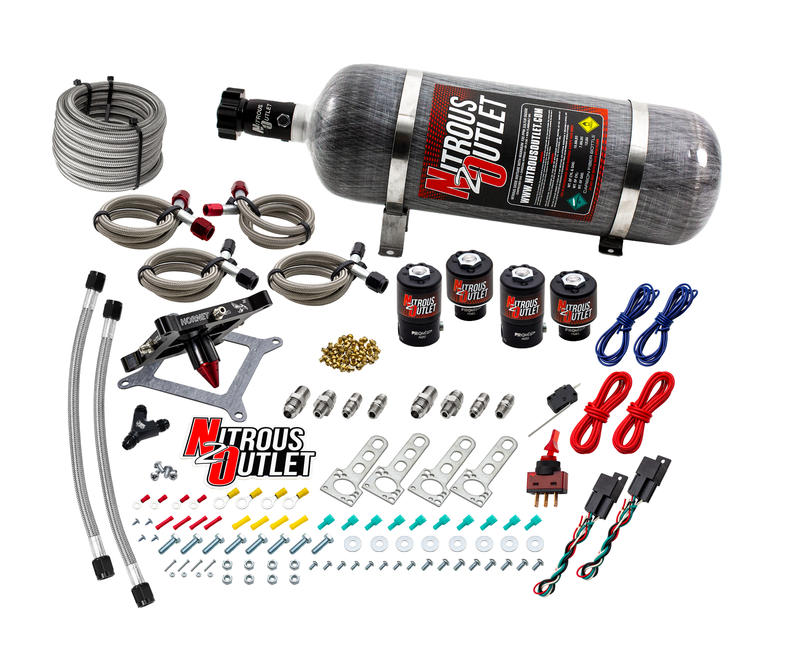 Nitrous Outlet 4150  Hornet 3 Dual Stage System - Two .122 Nitrous Solenoids/Two .177 Fuel Solenoids/Universal Solenoid Brackets - (Gas/E85)(5-55 psi)(50-500 HP Per Stage)(12lb Bottle)