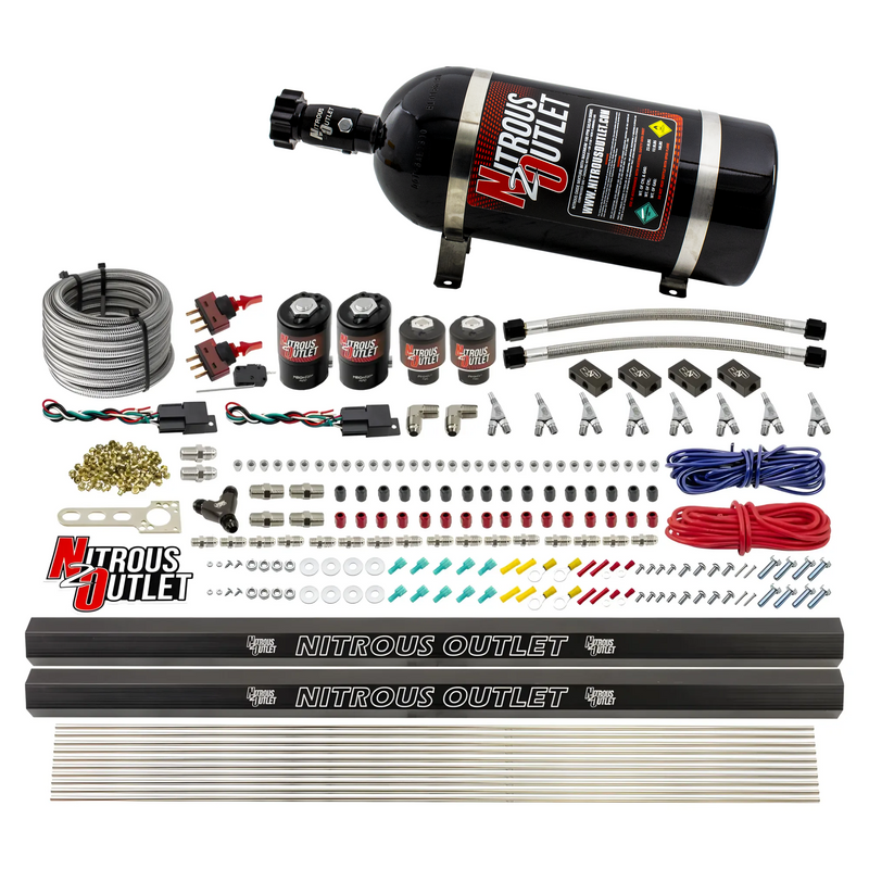 Nitrous Outlet 4 Cylinder Dual Stage Direct Port System - Two .122 Nitrous Solenoids/Two .177 Fuel Solenoids/Distribution Blocks/Annular Discharge Nozzles (Gas)(45-55 psi)(50-250HP)(10lb Bottle)